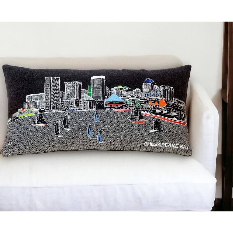 25" Black Austin Nighttime Skyline Lumbar Decorative Pillow - Black Gray and White