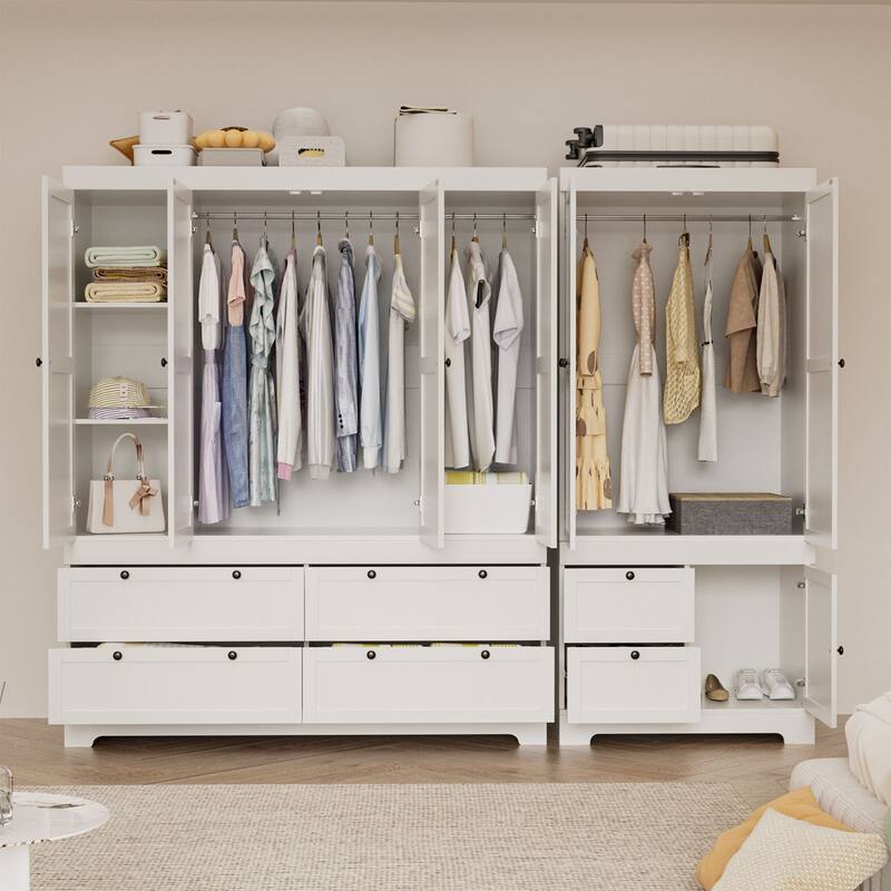 Gyomojoy Large White Wardrobe Closet with Drawers & Doors, Modular Armoire with Hanging Rods, Apartment & Dorm Storage