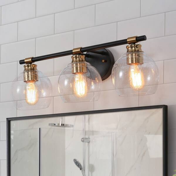 slide 1 of 7, Modern 3-light Black Gold Brass Bathroom Vanity Light Globe Glass Wall Sconce - L 22"x W 7"x H 8"