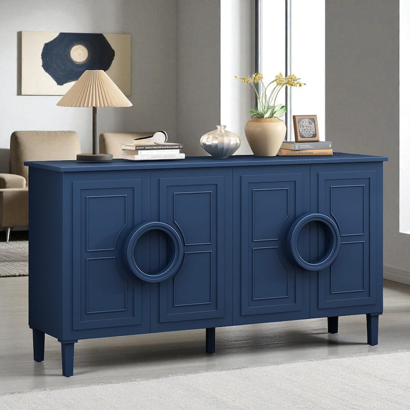 French-Inspired Four-Door Sideboard with Round Ring Handles, Sturdy MDF Cabinet for Dining or Entryway - Navy Blue