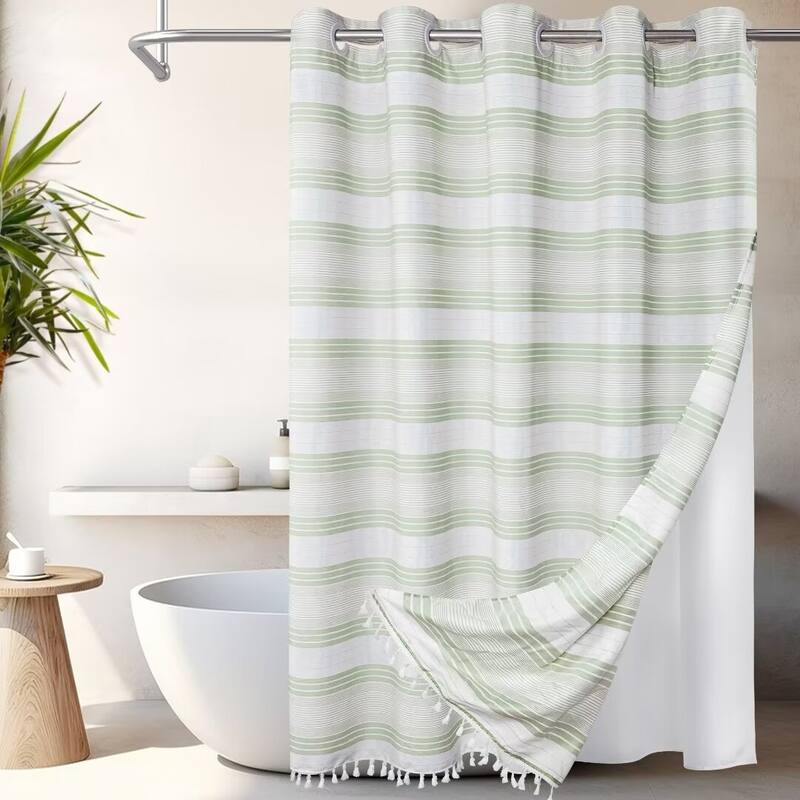 No Hooks Tassels Beach Stripe Shower Curtain with Snap-in Liner - 71"Wx74"L - Sage