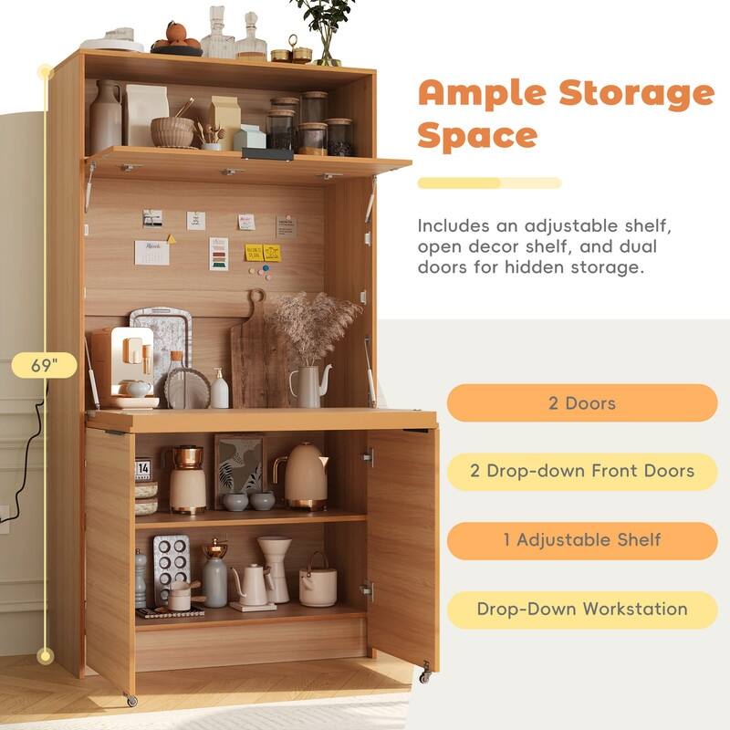 69"Tall Kitchen Pantry with Hutch, Multifunctional Storage Cabinet with Adjustable Shelf and Power Outlet