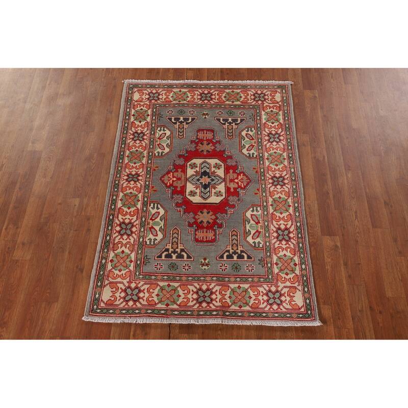 Gray Geometric Kazak Oriental Accent Rug Handmade Wool Carpet - 3'4"x 4'10"