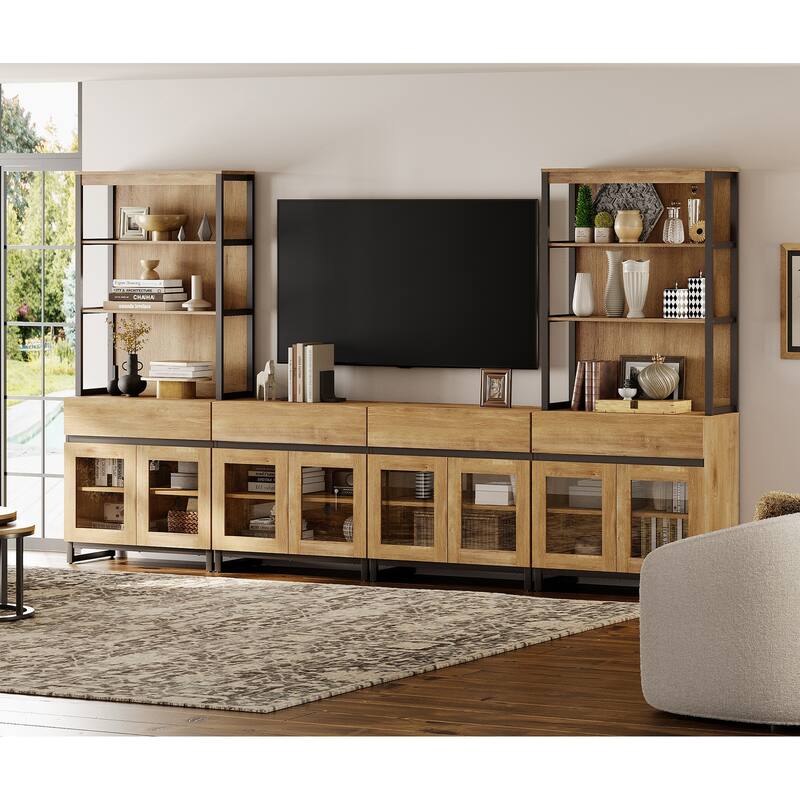 Modern TV Stand with 3 Tiers Bookshelf,Wooden Media TV Console with Glass Doors for Living Room