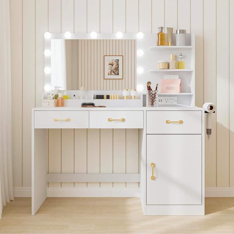 Modern White Dressing Table with 3 Drawers, Open Shelves, Cubbies & LED Lights