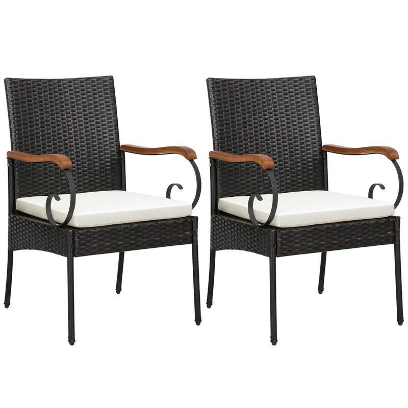 Gymax Set of 2 PE Wicker Chairs Acacia Wood Armrests w/ White Soft - Beige