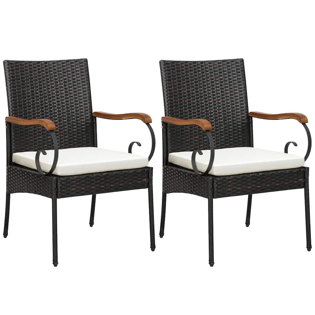 Gymax Set of 2 PE Wicker Chairs Acacia Wood Armrests w/ White Soft