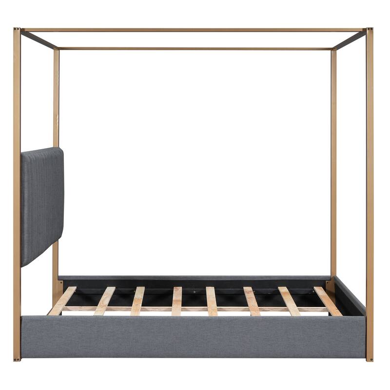 Queen Size Canopy Platform Bed with Upholstered Headboard, Sturdy Metal Frame, and 4-Poster Design, Perfect for Master Bedrooms