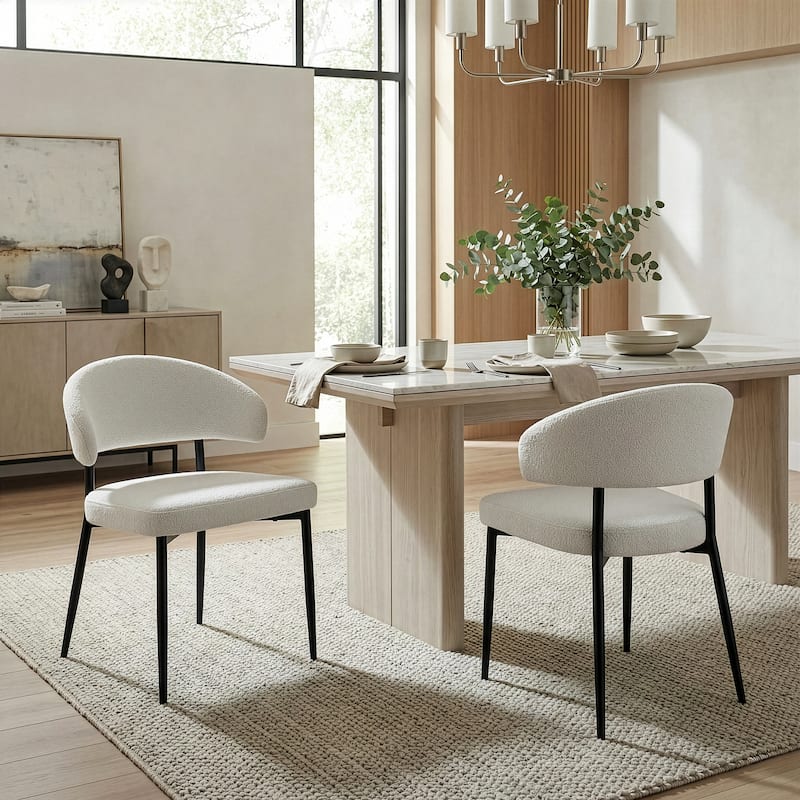 Set of 2 Ayoka White Boucle Dining Chairs with Black Iron Legs