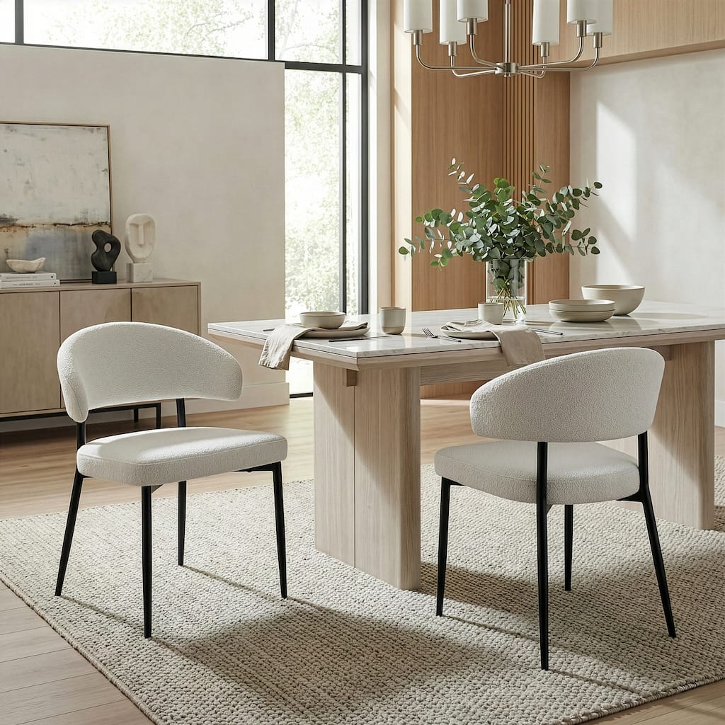Set of 2 Ayoka White Boucle Dining Chairs with Black Iron Legs