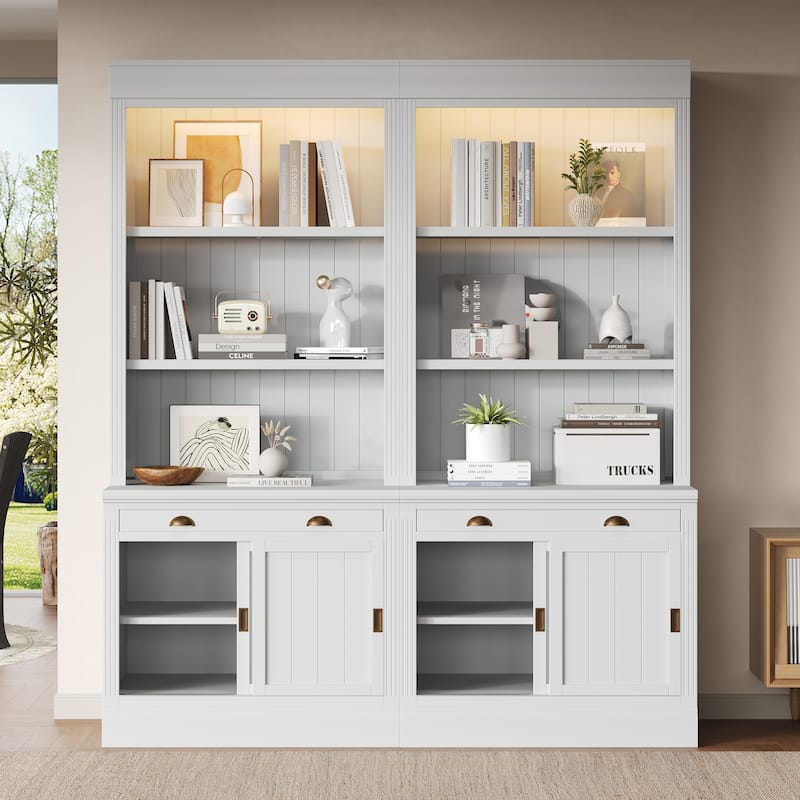83.4"Tall Bookshelf Suite with LED Lighting, Modern Bookcase Suite with Sliding Doors