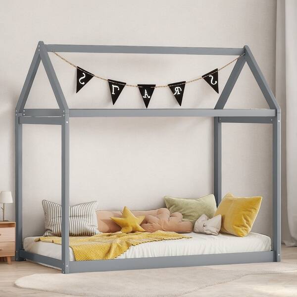 slide 2 of 8, Wooden Twin Size Wooden House-Shaped Kids Bed, Sturdy & Durable, Easy to Clean, Grey Grey