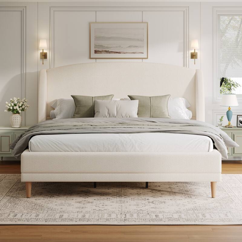 King Size Boucle Fabric Platform Bed With Wingback Headboard