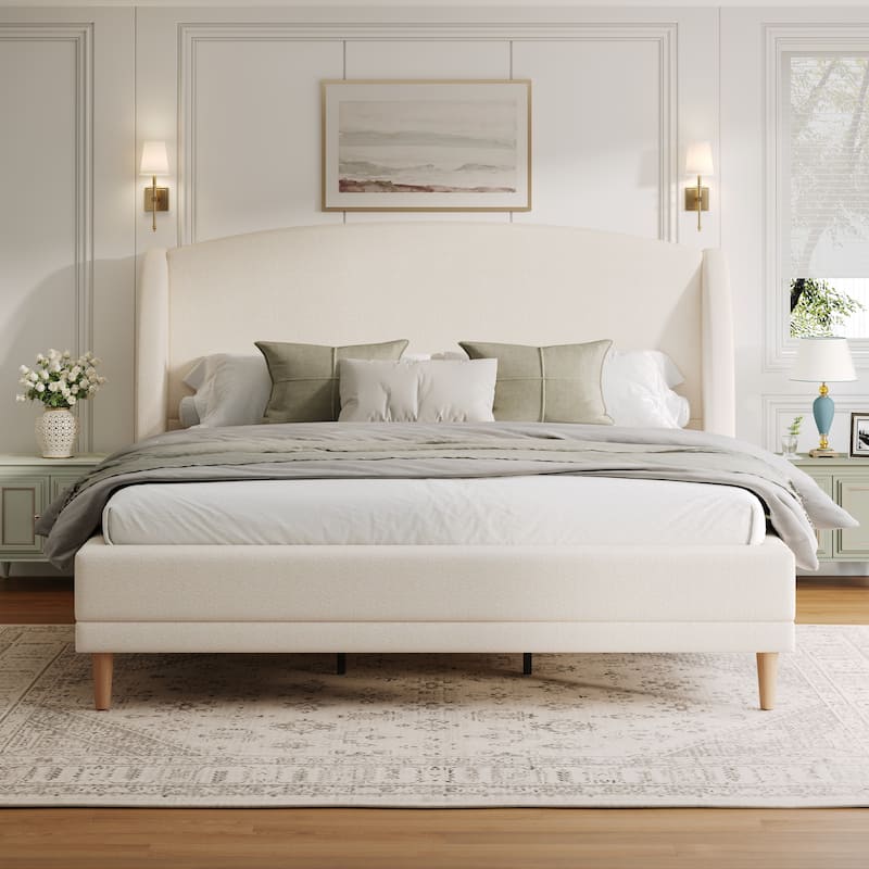 White Platform Bed, Boucle Fabric Upholstered Frame Rounded Corners Headboard Wingback Bed with Wood Slat and Center Metal Legs