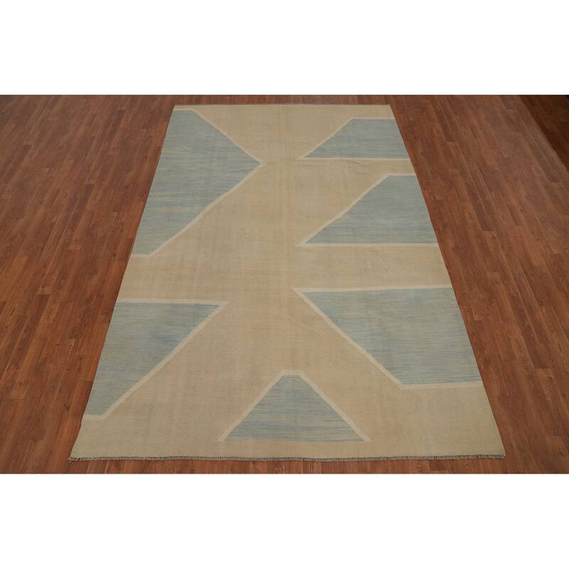 Hand Woven Oriental 100% Wool Carpet Southwestern Modern Beige & Ivories Kilim Area Rug - 9' 9'' X 6' 6''