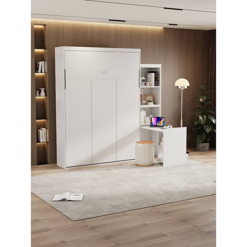 Queen Size Morden Deisgn Big Size Vertical Murphy bed with table and shelf for bedroom or Guestroom White Wall bed