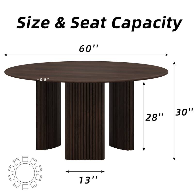Modern Round Dining Table with Striped Column Legs Solid Wood Kitchen Table Anti-Scratch Footpads