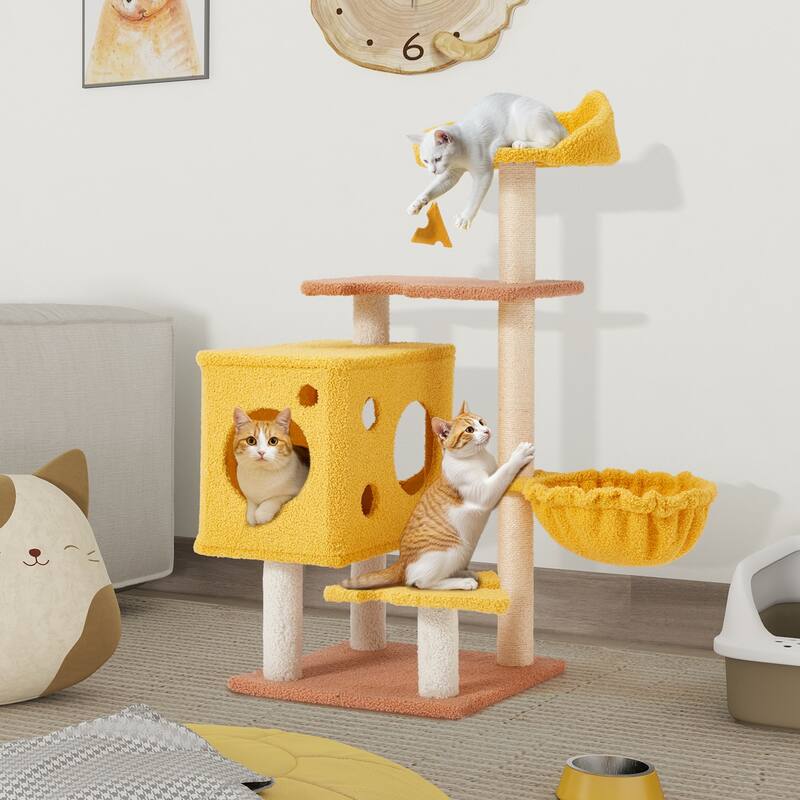 EROMMY Cheese-Shaped Multi-Level Cat Tree Tower with Hammock, Top Perch, and Sisal Scratching Posts