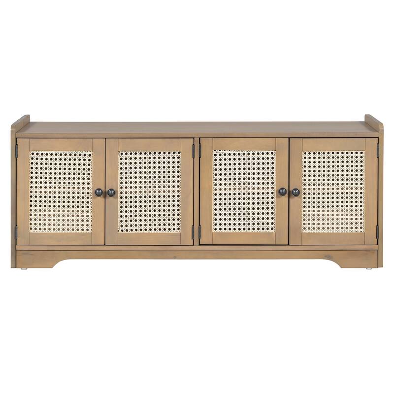 Rustic Woven Rattan Doors Storage Bench with Removable Cushion & Adjustable Shelves