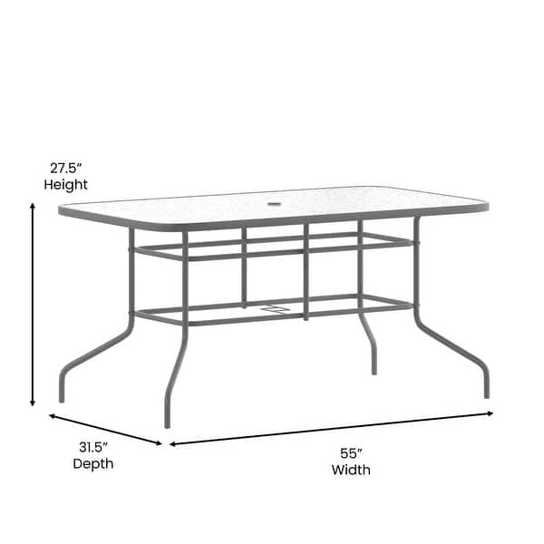 dimension image slide 2 of 3, Rectangular Glass Metal Patio Table with Umbrella Hole