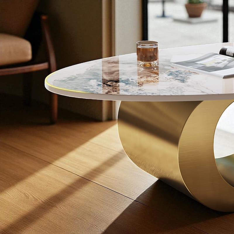 49.2" Oval Faux Marble Coffee Table with Stainless Steel Base, Modern Contemporary Center Accent Table