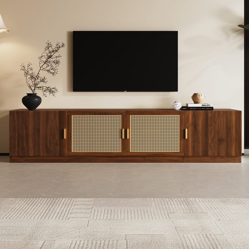 Rustic 78" TV Stand for TVs Up to 85", TV Console with Rattan Doors and Adjustable Shelf