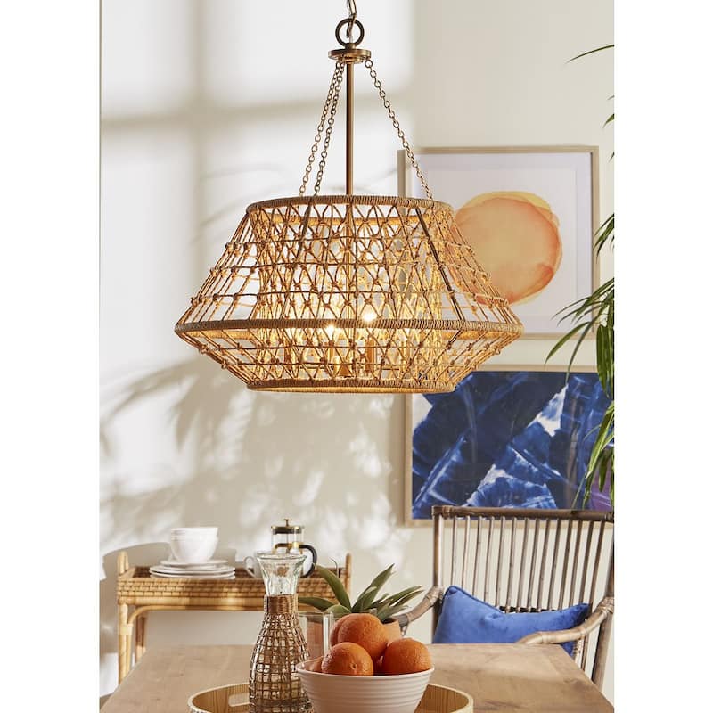 Laila Collection Four-Light Vintage Brass Coastal Chandelier with Woven Jute Accents - 22.37 in x 22.37 in x 23.62 in