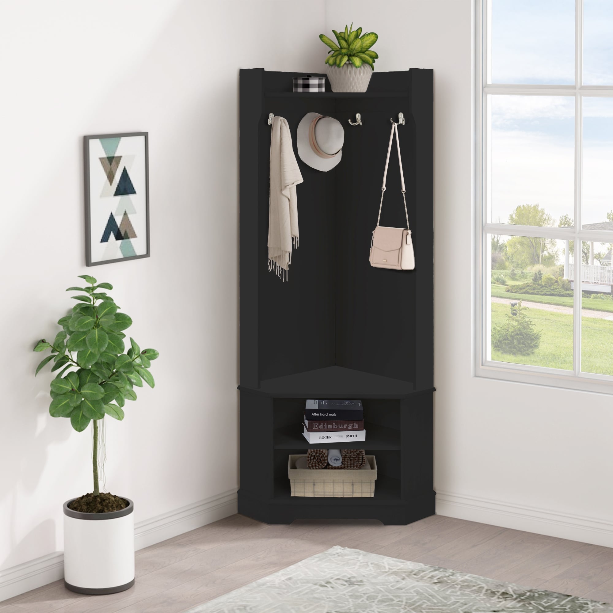 3 In 1 Entryway Corner Hall Tree with Storage Shelves and Coat Racks 4 Hooks for Entrance Hallway Black Bed Bath Beyond 37031396