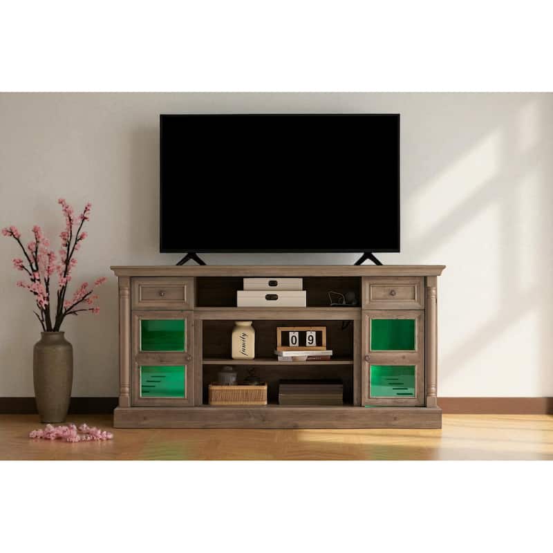 70 Inch Farmhouse Fireplace TV Stand for TVs up to 80 Inches, Media Console with Roman Column Design and LED Lights - Grey