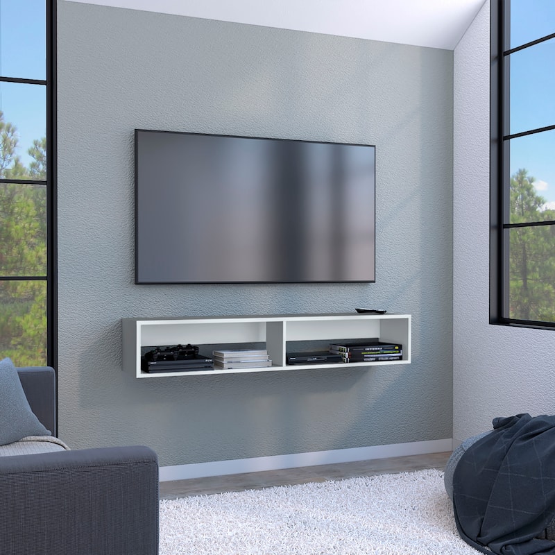 Wall-Mounted 59" Floating TV Stand, Cable Management, 2 Media Compartments, Modern Floating Shelf for Living Room - White
