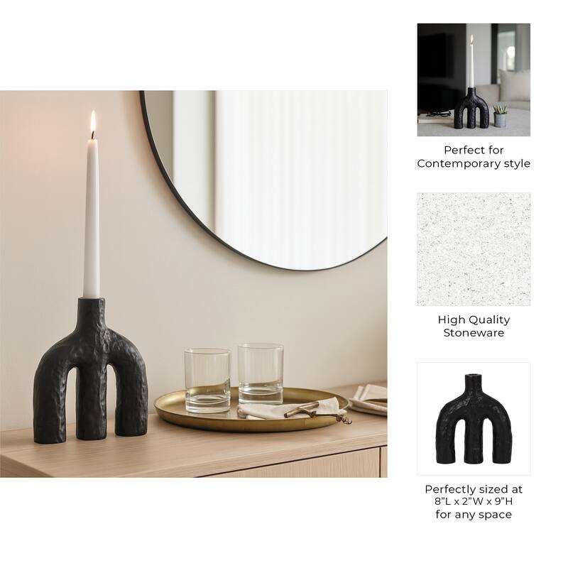 Textured Creamic Taper Candle Holder with Double Arched - Black