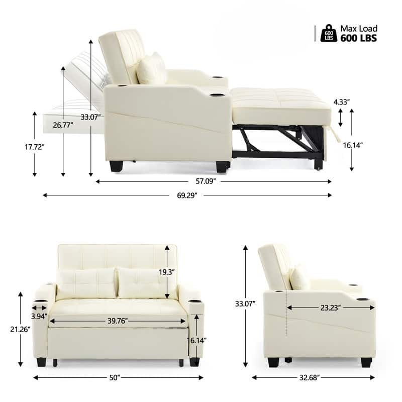 Upholstered Cat's Claw Leather Convertible Reclining Sleeper Sofa Bed With Cushions For Small Spaces