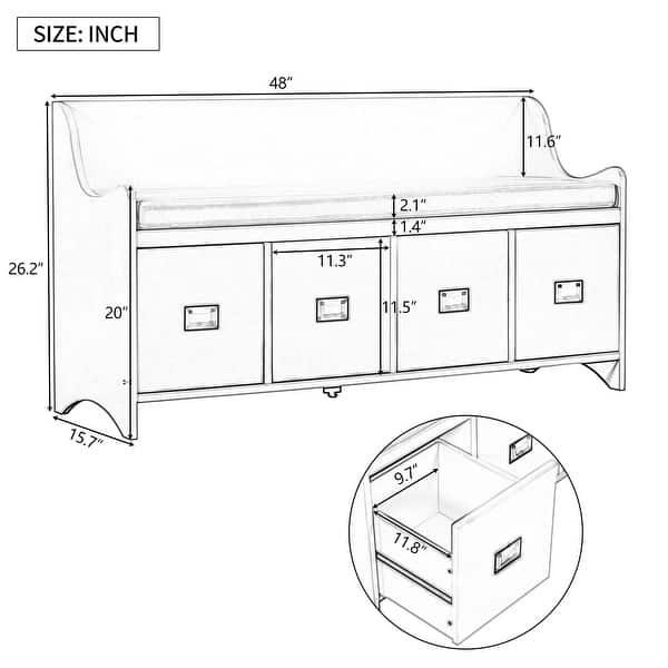 Storage Bench with Drawers and Backrest,Movable Cushion Bed Bath