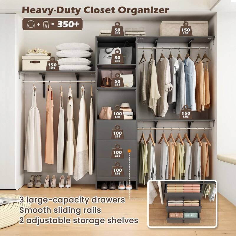 High-Capacity Closet Organizer Wardrobe Rack with Drawers, Shelves & Expandable Hanging Rods (Fits 6-9 ft Spaces)