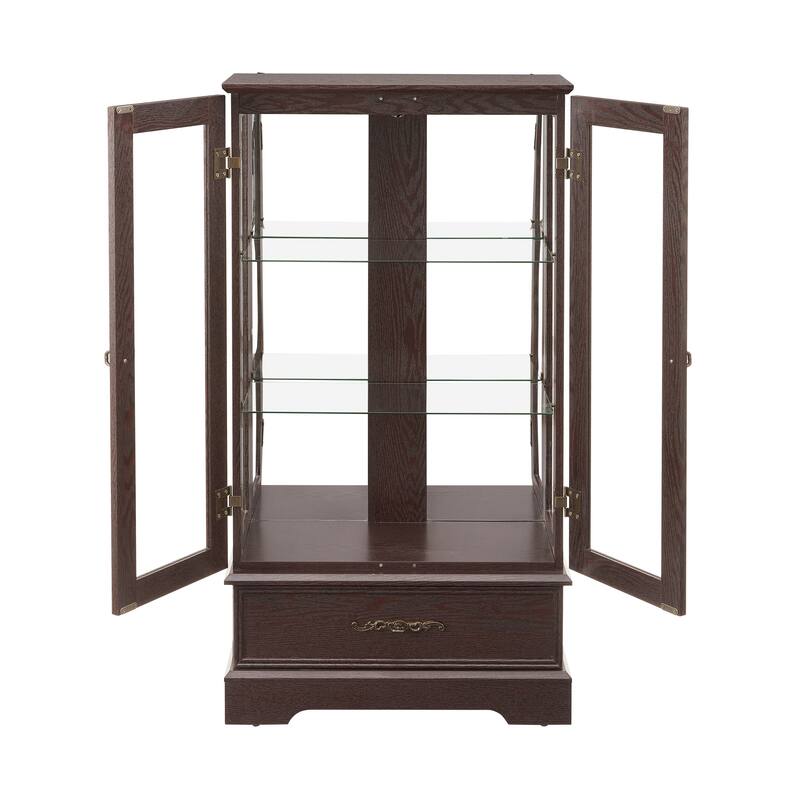 GDFStudio - Traditional Storage Lighted Curio Display Cabinet with Glass Doors and Drawer