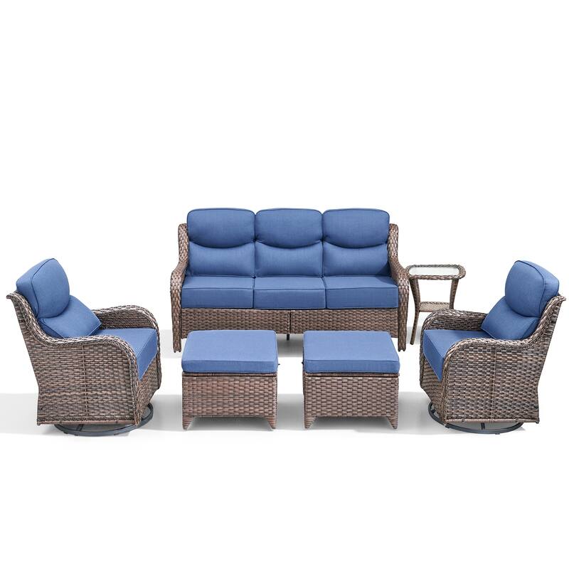 Meyreso 6-Piece Wicker Patio Conversation Set with Swivel Gliders and 6-Inch Thick Olefin Cushions