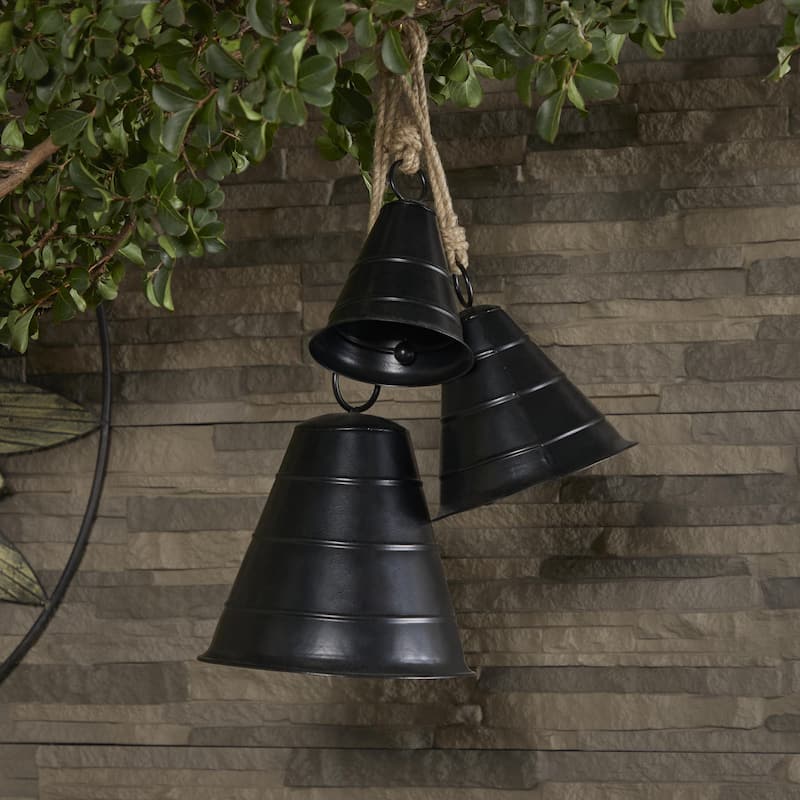 Metal Tibetan Inspired Decorative Cow Bells with Jute Hanging Rope - Set of 3 Black or Bronze - Roche River Decor