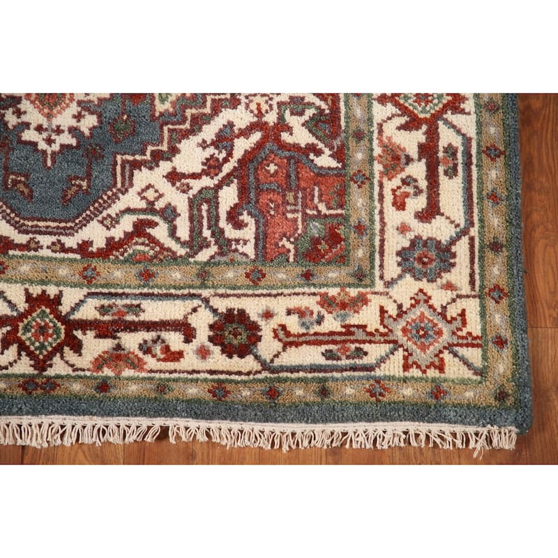 Geometric Blue Heriz-Serapi Oriental Accent Rug Handmade Wool Carpet - 4'1"x 6'0"