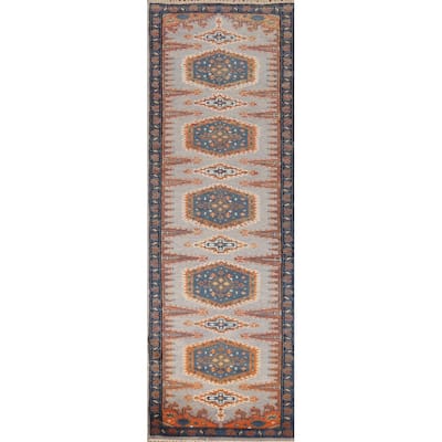 Geometric Viss Indian Runner Rug Handmade Gray Wool Carpet - 2'6"x 9'7"