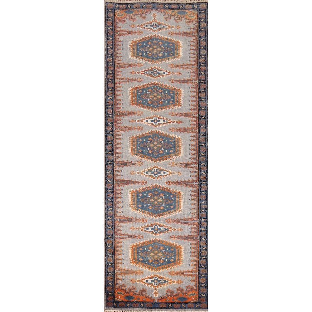 Geometric Viss Indian Runner Rug Handmade Gray Wool Carpet - 2'6"x 9'7"