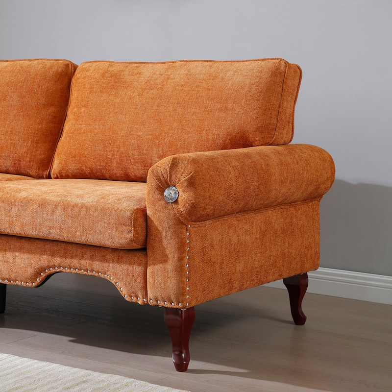 Linen Upholstered Loveseat Sofa Chesterfield Lounge Couch with Nailhead Trim, Rolled Arms and Crystal Button Accents