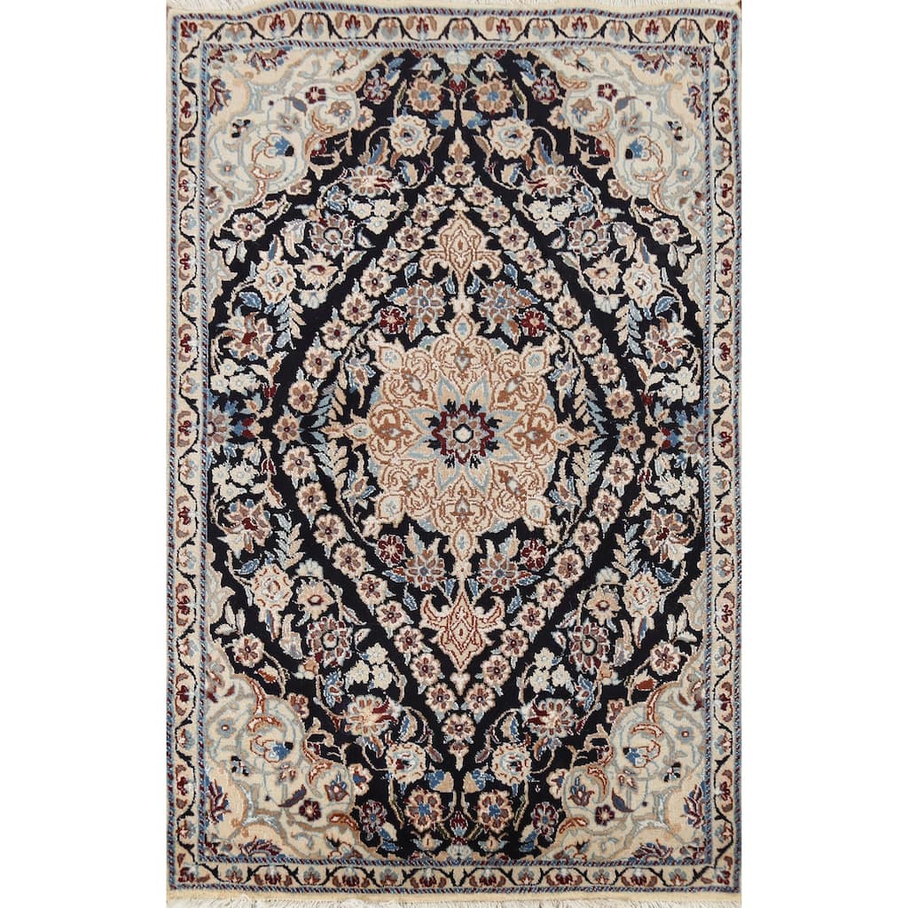 Dark Navy Blue Floral Nain Persian Accent Rug Handmade Wool Carpet - 2'11"x 4'4"