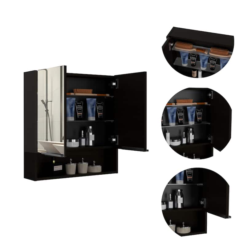 Mirror Cabinet - Double Doors, 3 Internal Shelves, 1 Open Shelf, Wall-Mounted Bathroom Storage
