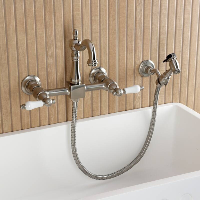 Kingston Brass Essex Double-Handle Wall-Mount Pre-Rinse Bridge Kitchen Faucet