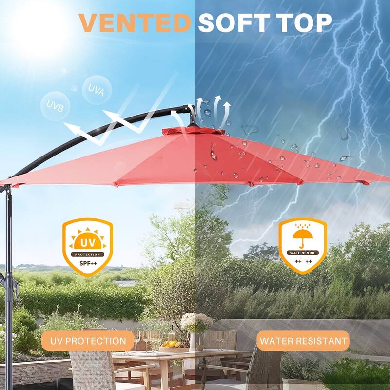 10FT Offset Patio Umbrella, Cantilever Outdoor Umbrellas Easy Tilt Adjustment, 73.2 Sq Ft UV Protection Hanging Market Umbrella