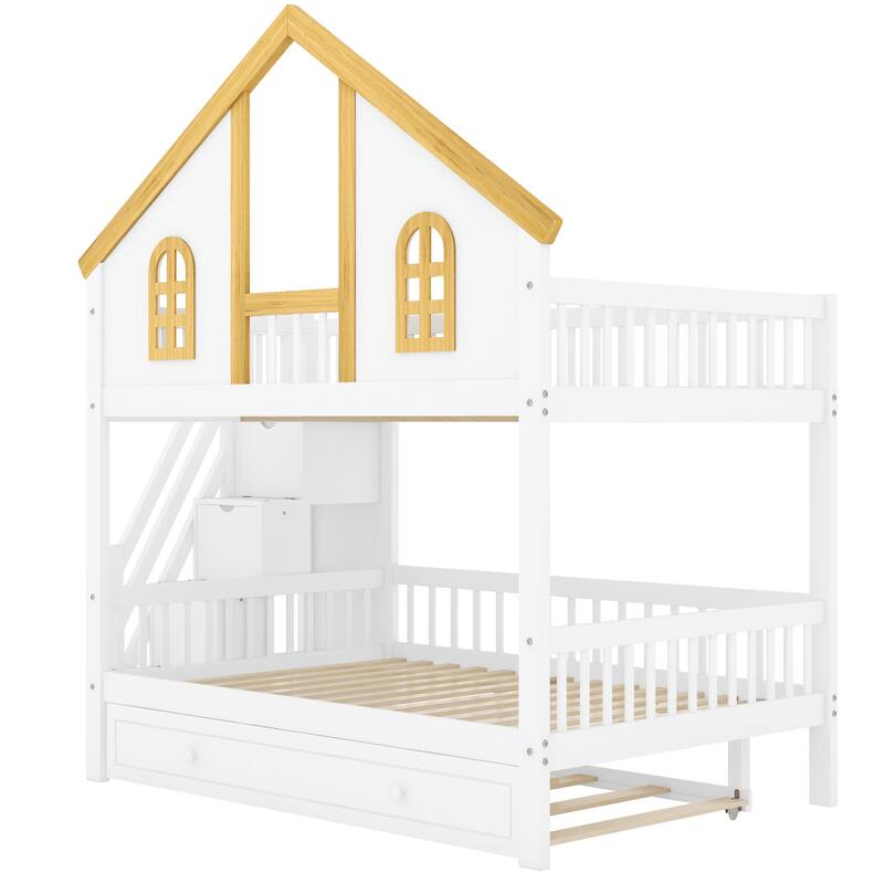 Roomfitters Twin Over Twin/Full Over Full House Bunk Bed with Trundle, Storage Staircase and Roof, White and Natural