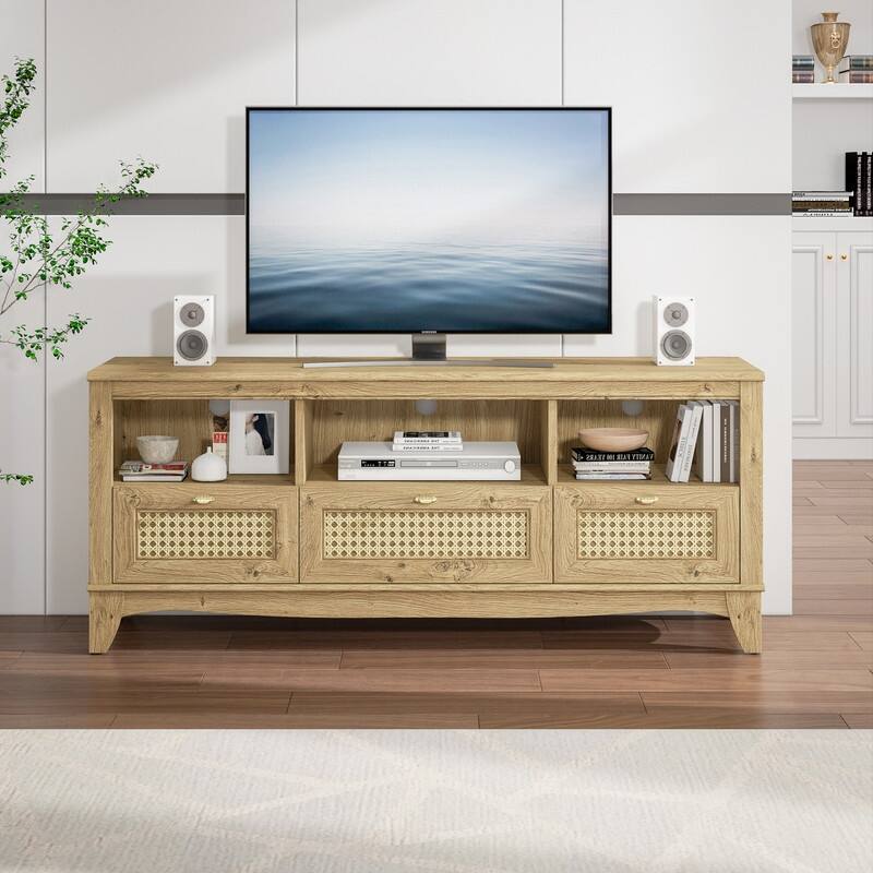 55-inch Rustic Wood TV Stand with Wicker Door Design for TVs up to 65"