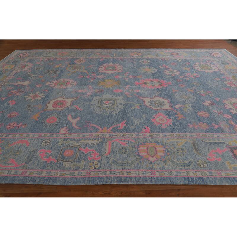 Hand Knotted Oriental 100% Wool Carpet Transitional All-Over Navy Blue & Blues Oushak Area Rug - 14' 0'' X 10' 1''