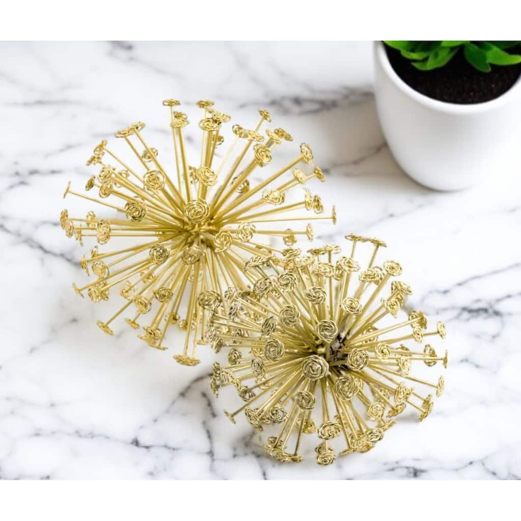 HomeRoots Set of Two Gold Cast Iron Decorative Spiky Sphere Tabletop Sculptures - 6.5' X '6.5' X '6.5