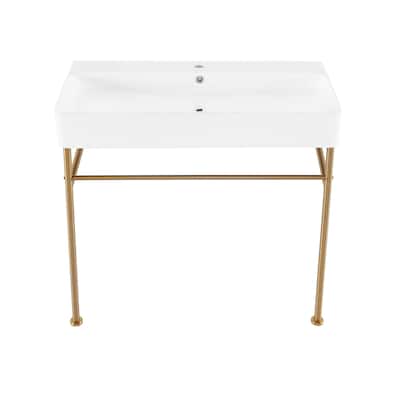 Charme 36 Ceramic Console Sink White Basin Brushed Gold Legs - 35.45" x 16.35" 35.45"
